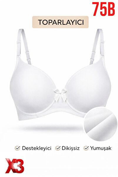 PRUSA İÇ GİYİM Women's Padded (Supported) Underwire Gathering White Bra X3 (3...