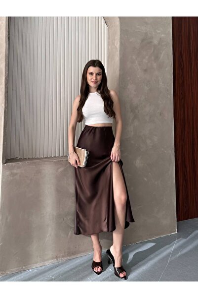 By Kuzey Aras Satin Slit Long Skirt