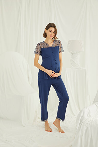 MONAMİSE Γυναικείο σετ πιτζάμες εγκυμοσύνης, από βισκόζη, με δαντέλα μπροστά,...