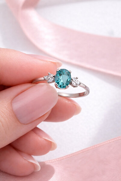 Siset Gümüş 925 Ayar Rodyum Kaplama Oval Aquamarin Taşlı Gümüş Yüzük