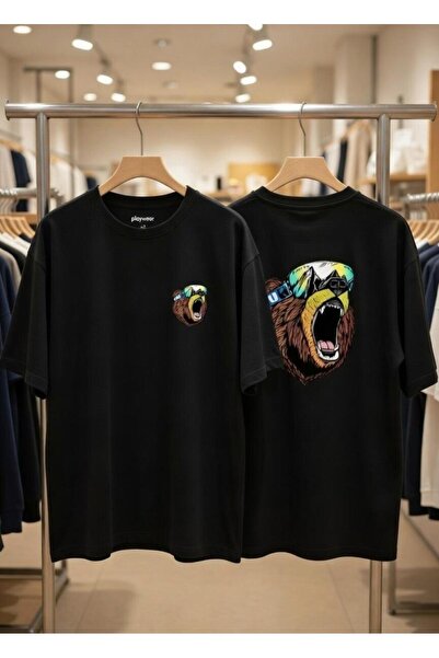 playwear Tricou tricotat unisex, negru, supradimensionat, din bumbac, cu impr...