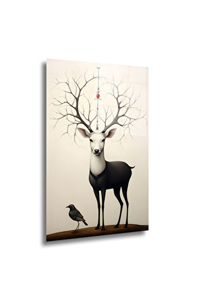 Artellodecor Artello Decor Sürreal Geyik Cam Tablo - Ağaç Dalı Boynuzlu Duvar...