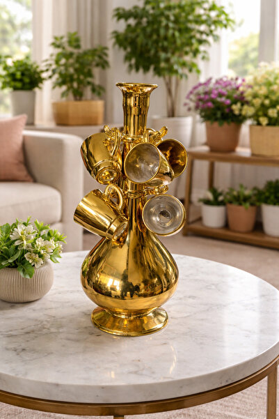 İnciaglobal Lüks Gold Zemzemlik & Şerbetlik Seti – 6’lı Bardaklı Dekoratif Su...