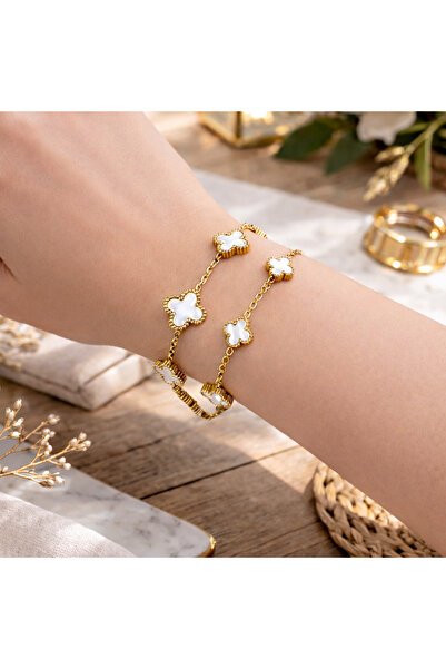 OEM Set of Couple Bracelets Clover White Gold His and Hers Stainless Steel Wa...