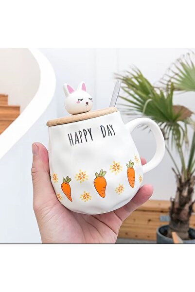 hediyeconcepti 500ml Korean Style Cute Character Rabbit Ceramic Mug Carrot Gi...