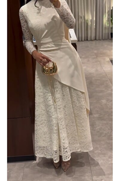 Malika Fashion فستان دانتيل طويل للمناسبات – فستان سهرة محتشم أنيق بكم طويل