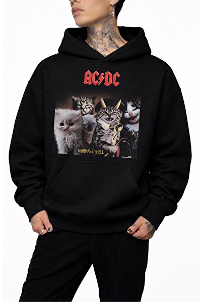 Fuddy Moda Hanorac unisex cu glugă cu imprimeu AC-DC Cat, hanorac supradimens...
