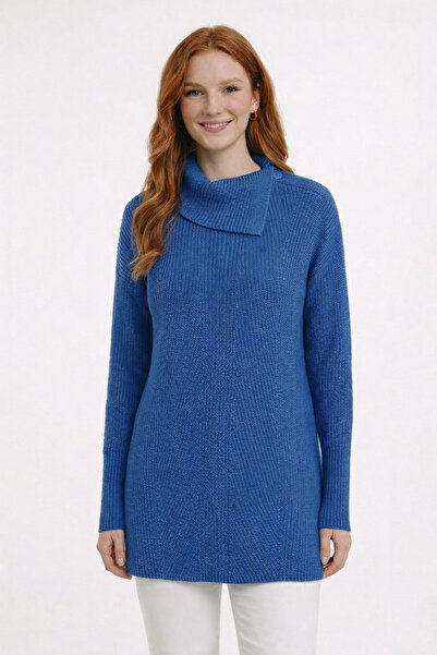 Neden Tekstil Blue High-Neck Oversize Sweater with Side Buttons