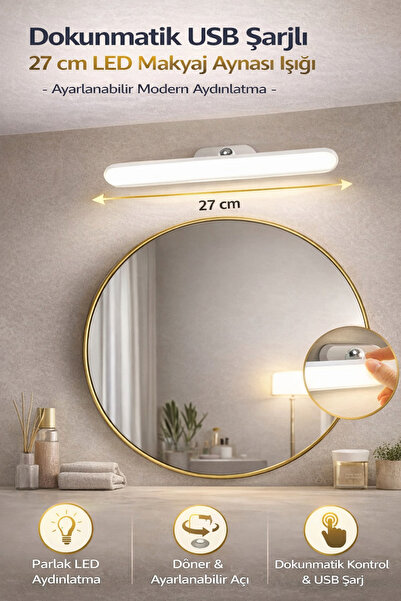 Hane Dostu Dokunmatik USB Şarjlı 27 cm LED Makyaj Aynası Işığı – Ayarlanabili...