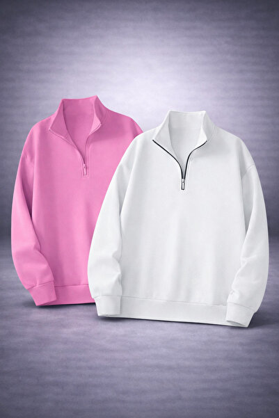 FUKATEX Unisex Oversize White-Pink Set of 2 Half-Zip Sweatshirts