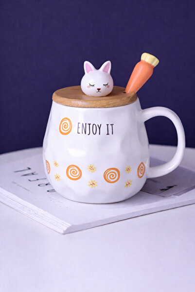 hediyeconcepti 500ml Korean Style Cute Character Rabbit Ceramic Mug Carrot Gi...
