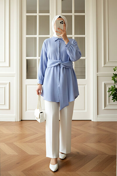 MODAQU Waist-Tied Crinkle Shirt Tunic - Blue