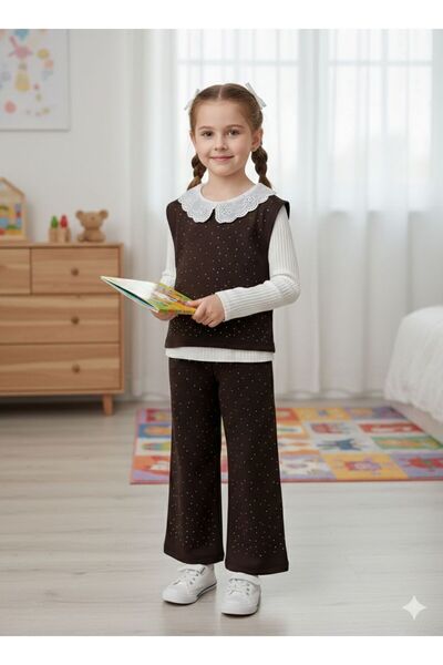 KOÇAR BEBEK Brown Stone Lace Collar Detail Girls' 3-Piece Holiday Set Ages 5-8