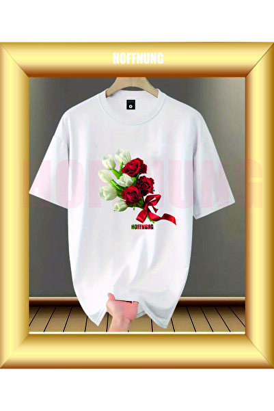 HOFFNUNG Tricou UNISEX cu mânecă scurtă, guler rotund, imprimat cu FLOWER BOC...