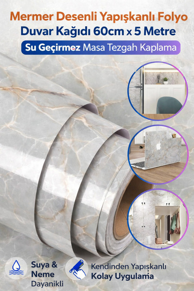 Hane Dostu Mermer Desenli Yapışkanlı Folyo Duvar Kağıdı 60cm x 5 Metre Su Geç...