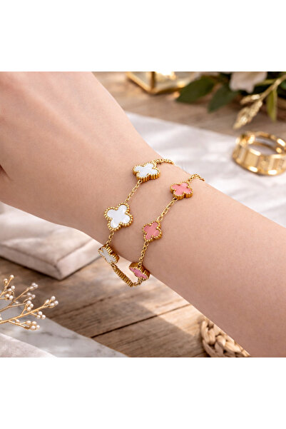 OEM Women's White and Pink Clover Bracelet Set Gold Stainless Steel Water Res...