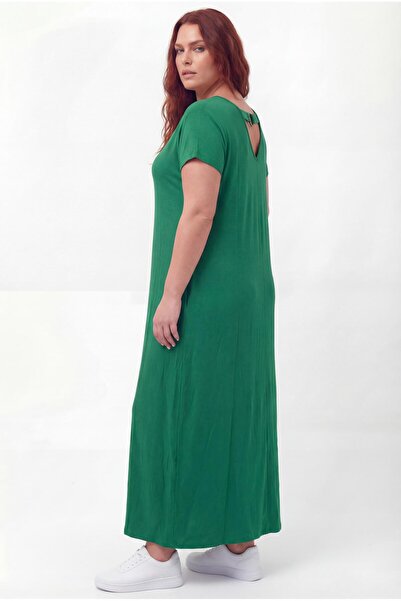 Ebsumu Green V-Neck Slit Detailed Relaxed Fit Plus Size Dress