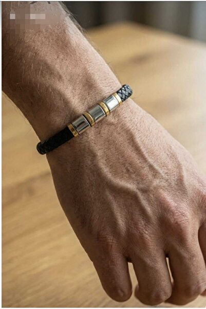 vogutima Erkek Deri Bileklik - Sarı V Gümüş Gri Çelik Detaylı Siyah Örgü Deri...