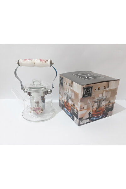 Paçi 600 ml Flower Patterned Porcelain Handle Glass Teapot with Steel Straine...