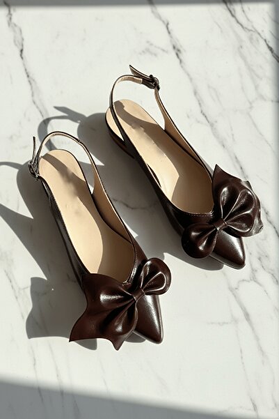 DİVOLYA Nunka Brown Wrinkled Bow (2 cm Heel) Ankle Strap Pointed Toe Daily Ba...