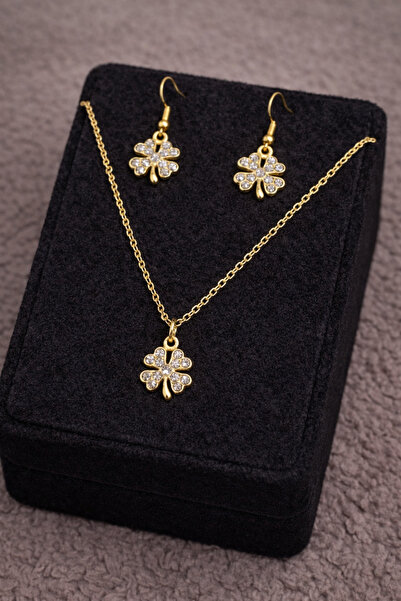 Çeram Altın Rengi Yonca 2li Kolye Küpe Set Takımı