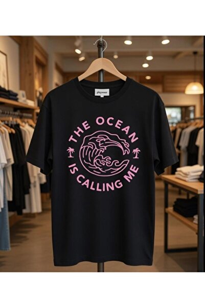 playwear Tricou negru cu imprimeu The Ocean Is Calling Me, croială normală, 1...