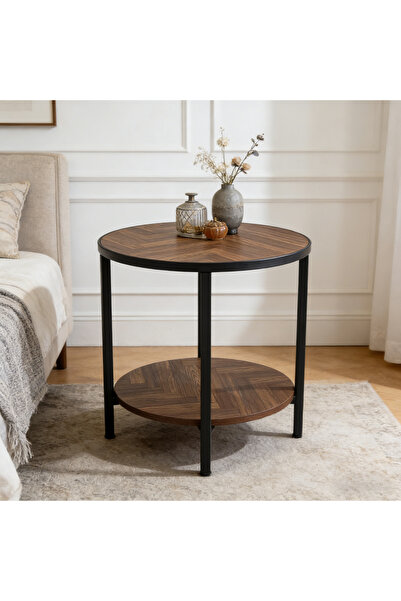 Bleco Round side table, double-tier side table with storage shelf, metal fram...