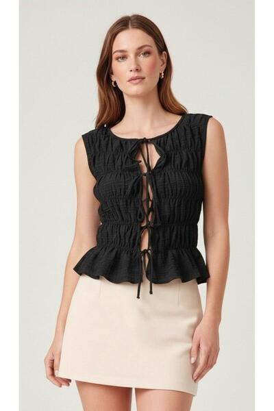 Linich&Co Black Drawstring Crop Blouse with Bohemian Chic Gipe Detail