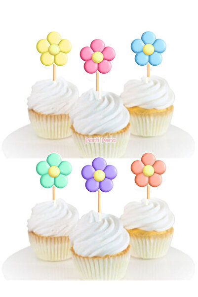 parti pera Makaroon Papatya Şekilli Cupcake Kürdan Süsü 15 Adet 6 Renk