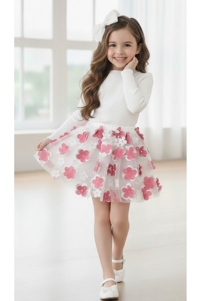 bright moon Girl's Three-Dimensional Floral Skirt Set