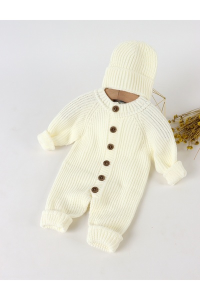 MiniKids Salopeta tricotata babies cu caciula, ecru 80 (9-12 luni)