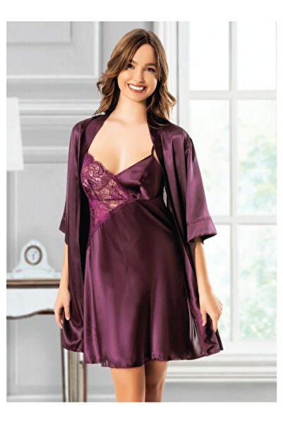 euro click Luxury Plum Satin Lace Premium Nightgown and Robe Set