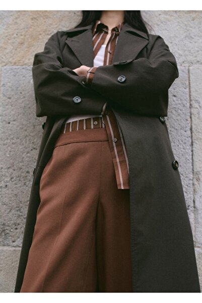 MANGO Woman Çizgili kombine bel detaylı lyocell pantolon