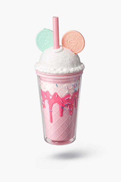OEM Pahar din Plastic cu Pai si Capac,Perete Dublu ,Reutilizabil,Design Inghetata si Biscuiti ,450ml