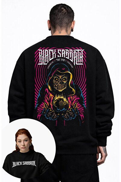 Fuddy Moda Unisex Oversize Rock Band Black Sabbath Skull Back Printed Crew Ne...