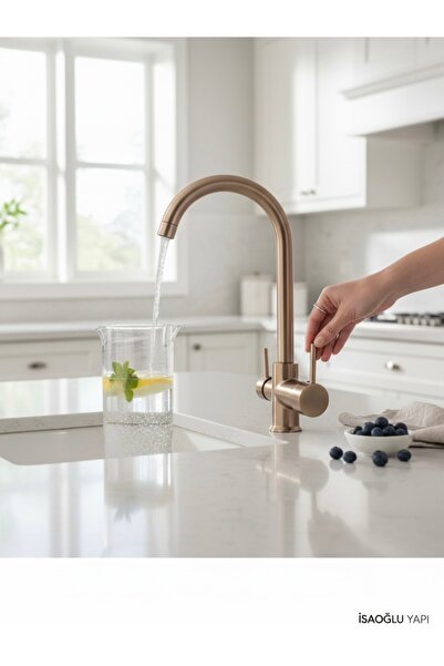 İSAOĞLU YAPI Matte Gold Purified Kitchen Faucet Oval Design Brushed Gold Sink...