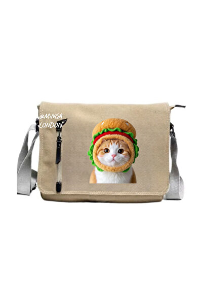 Minga London Beige Fastfood Cat Printed Messenger Bag -Mingalondon