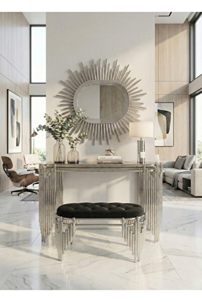 lowena home Dresuar Takımı Ultra Lak Gümüş Kaplama Siyah Puf Ayna Dahil 120cm...