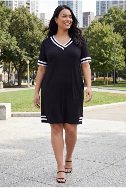 Ebsumu Women's Plus Size Stripe Detail Black Dress