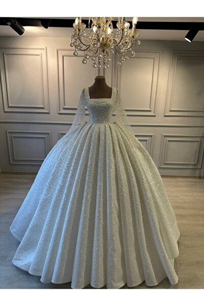 Ezni Atelier Kare Yaka İşlemeli Prenses Gelinlik