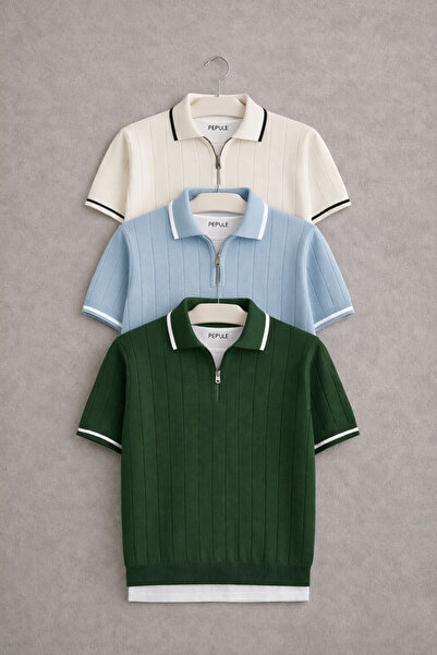 oneoff Men's 3-Pack Polo Collar Knitwear Textured Half-Zip Regular Cotton Mul...