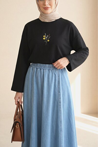 Modamorfo Floral Embroidered Round Neck Loose Combed Cotton Blouse - Black