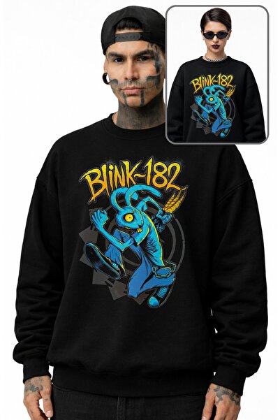 Fuddy Moda Unisex Oversize Rock Band Blink-182 Printed Crew Neck Hoodless Swe...
