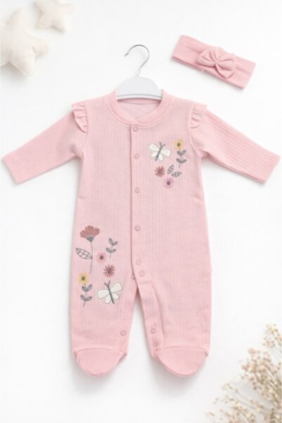 Superbaby Salopeta bebe fete roz flori brodate fluture bumbac cu bentita