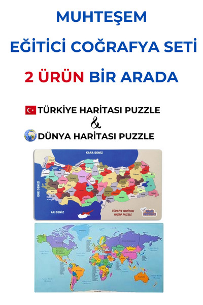Akıllı Karınca Ahşap Dünya Haritası Puzzle ve Türkiye Haritası Puzzle Ahşap P...