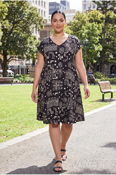 Ebsumu Women's Plus Size V-Neck Geometric Pattern Woven Black Dress