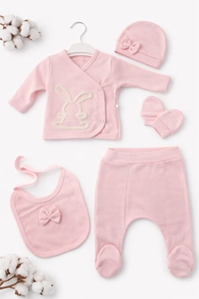 Superbaby Set bebe fete 5 piese roz pastel iepuras bluza pantaloni baveta cac...