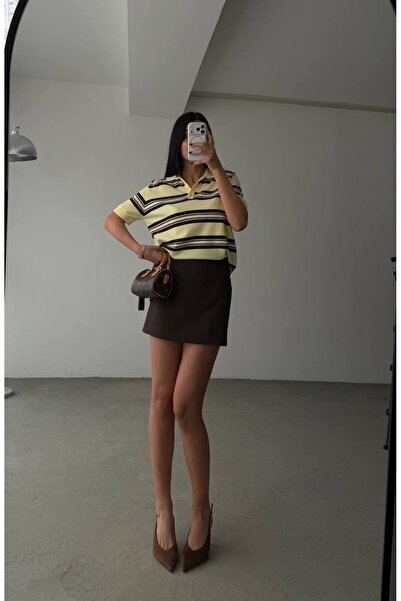 Foola Moda Polo Yaka Çizgili Triko Tişört – Pudra Siyah Çizgili Şık Günlük Bluz