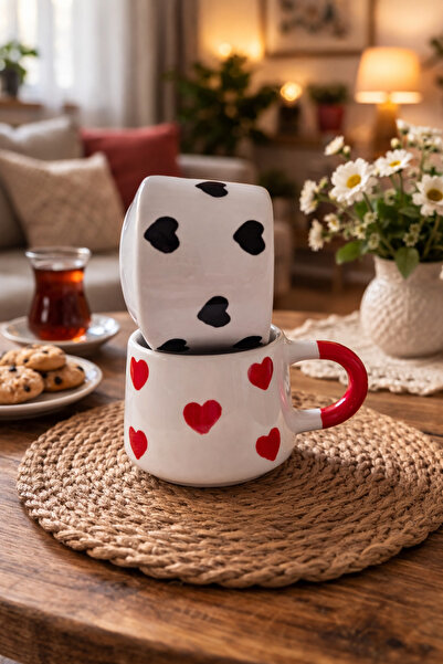 NİVRA GRUP 2-Piece Mug Set – Red-Black Heart Patterned 190ml. Coffee Cup Gift