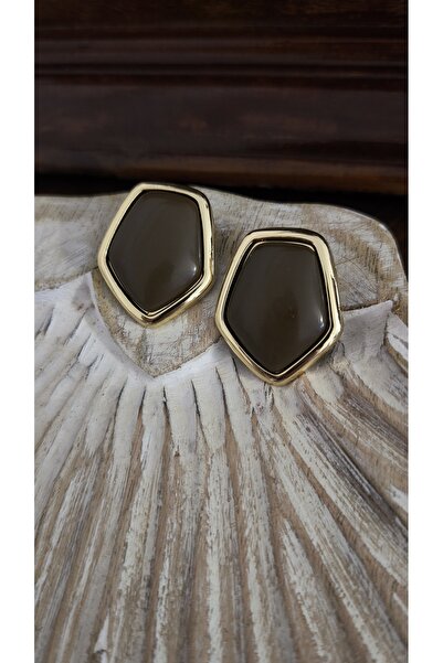 VOBEEYKU Gold Five-Edged Coffee Stone Detailed Earrings